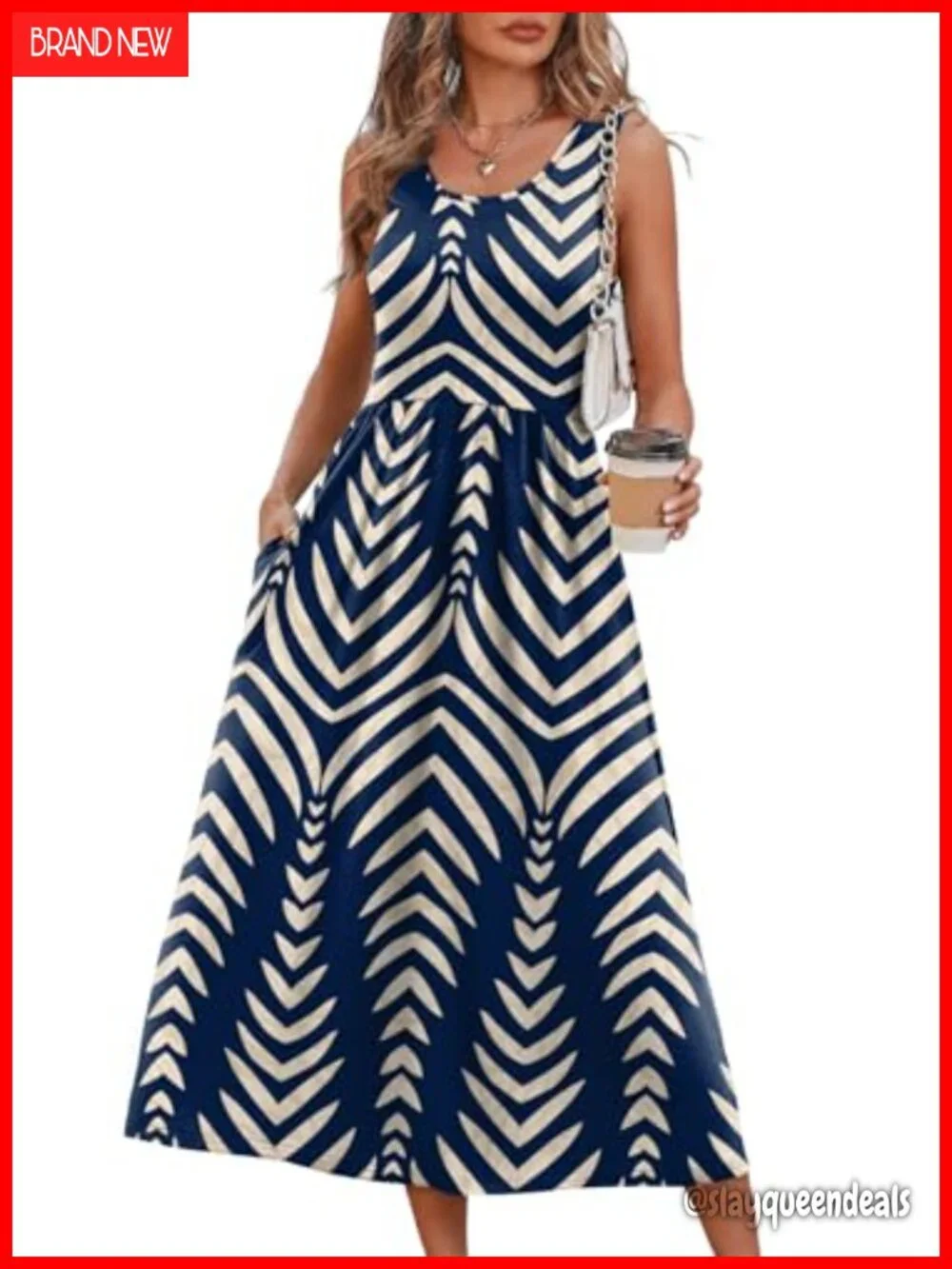 Flowy Casual Midi Dress with Pockets Sleeveless Scoop Neck Summer Vacation